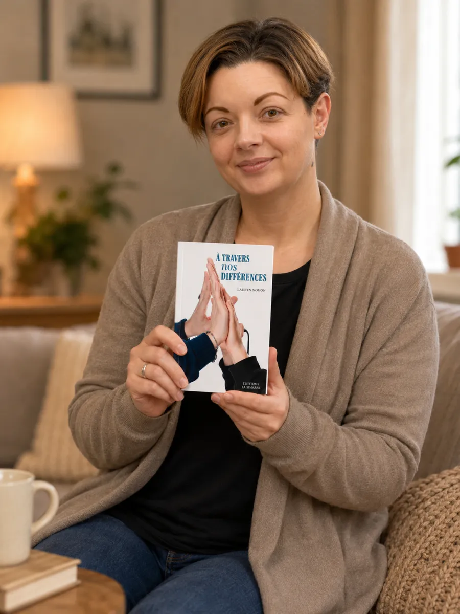 Julie Nourisson tenant son livre À travers nos différences